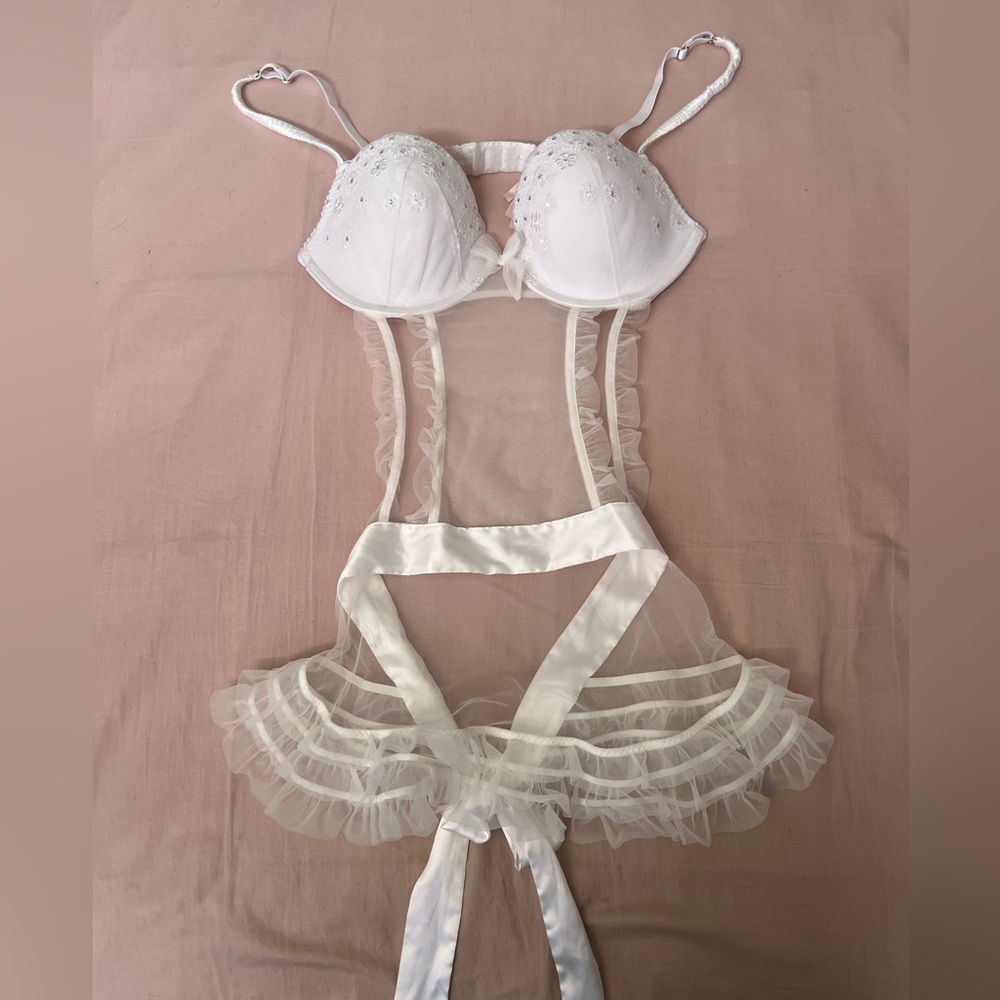 Victoria's Secret White Floral Sheer Ruffle Lace Maid Bodysuit